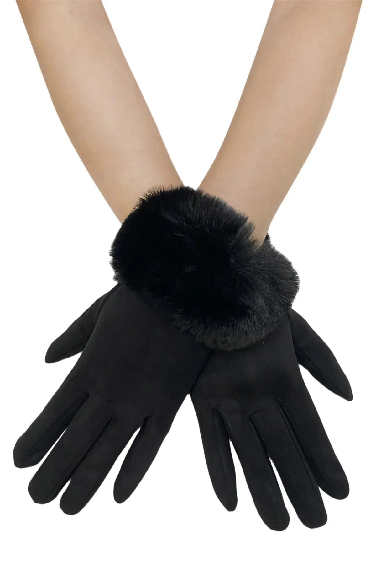 Faux Fur Trim Suede Touch Screen Gloves - Image 2