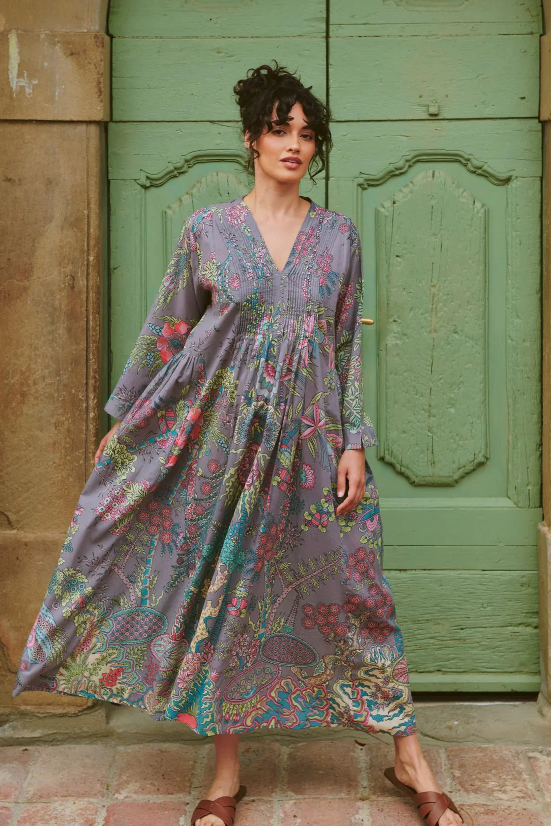One Hundred Stars Boho Garden Grey Pinch Pleat Dress