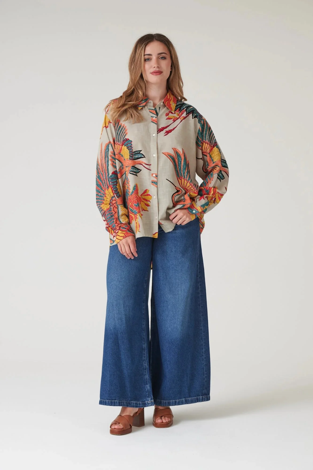 One Hundred Stars Crane Stone Oversized Shirt - Image 3