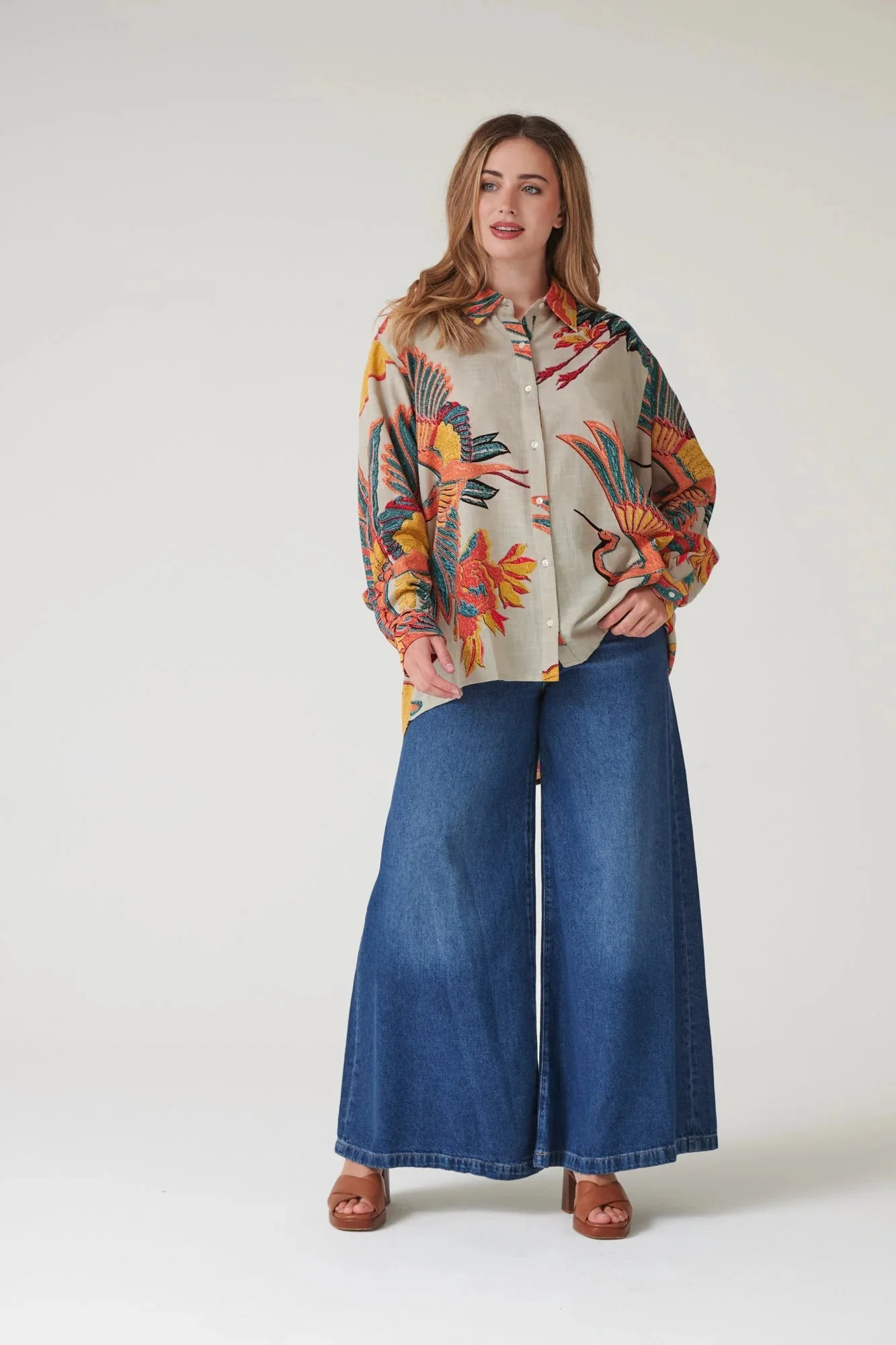 One Hundred Stars Crane Stone Oversized Shirt - Image 4