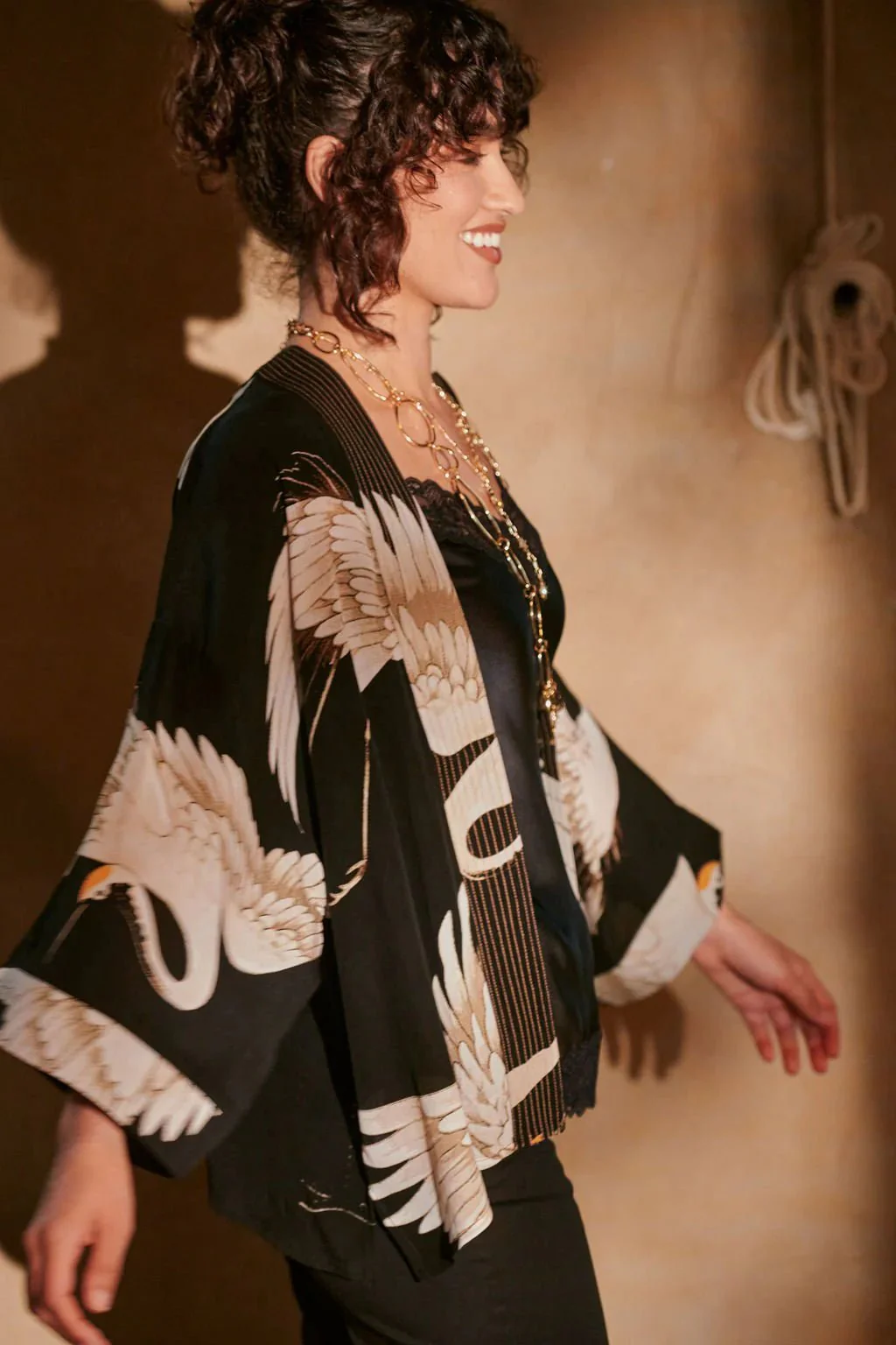One Hundred Stars Stork Black Crepe Kimono - Image 5