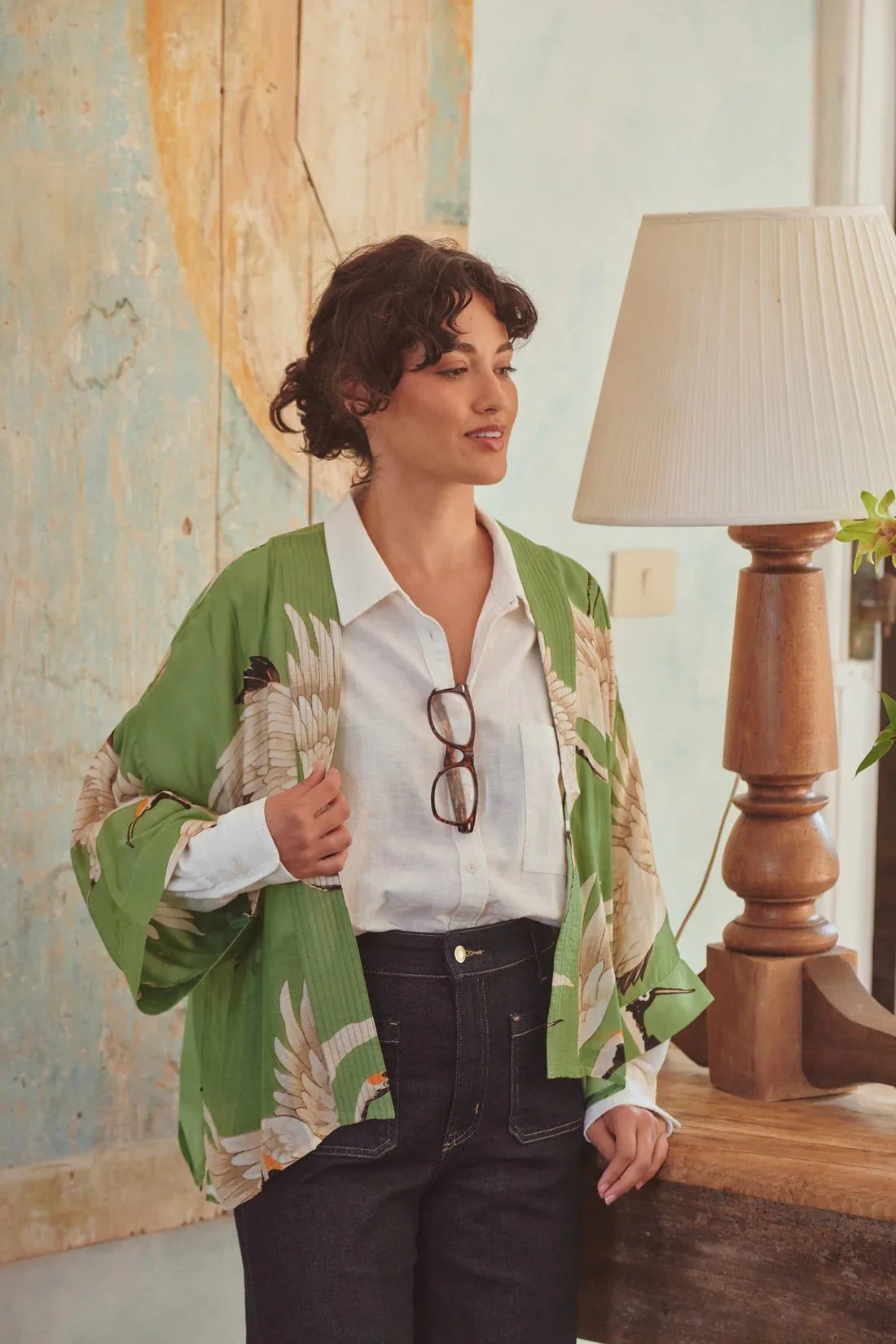 One Hundred Stars Stork Pea Green Kimono