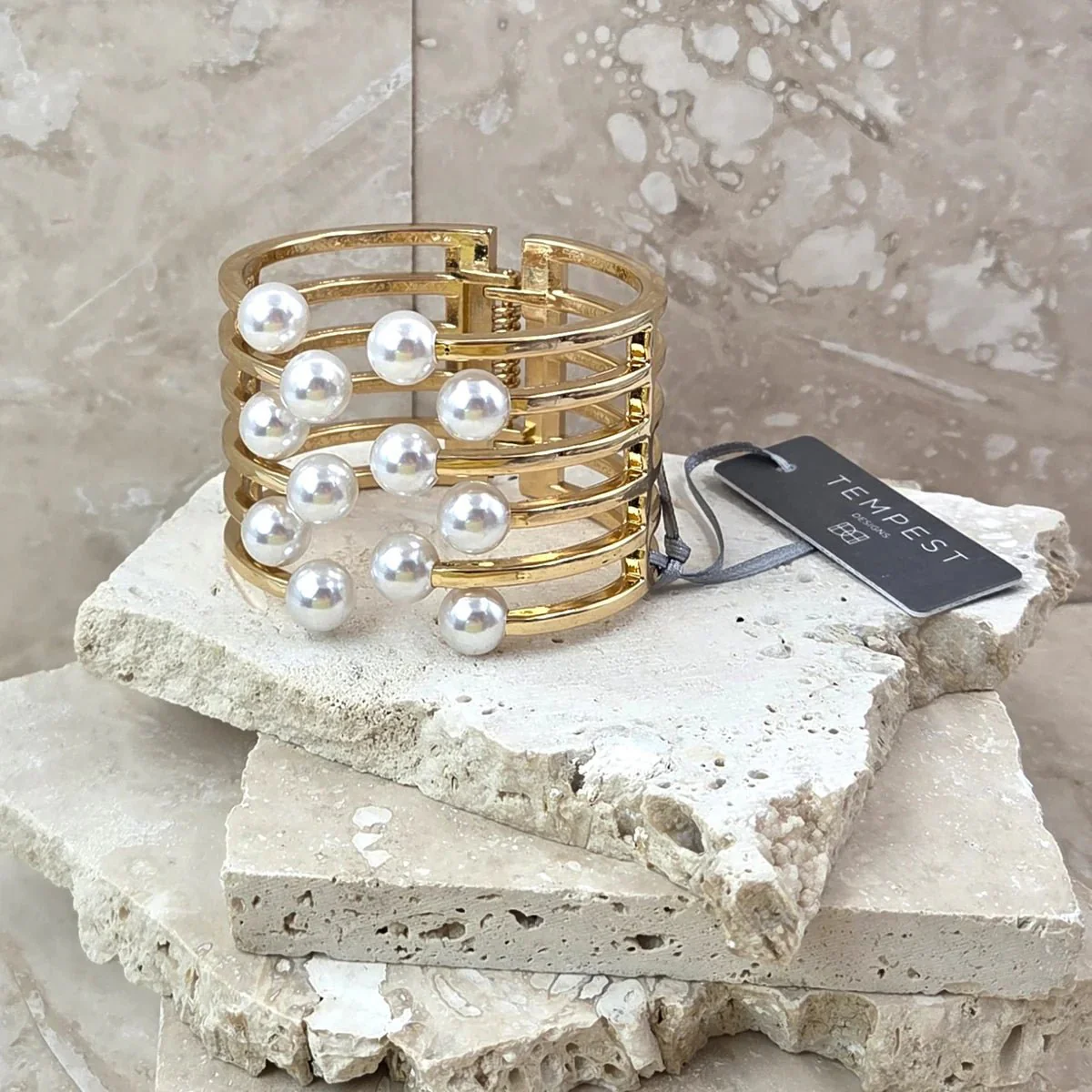 Tempest Designs Hinged cuff style open bangle with pearl detail