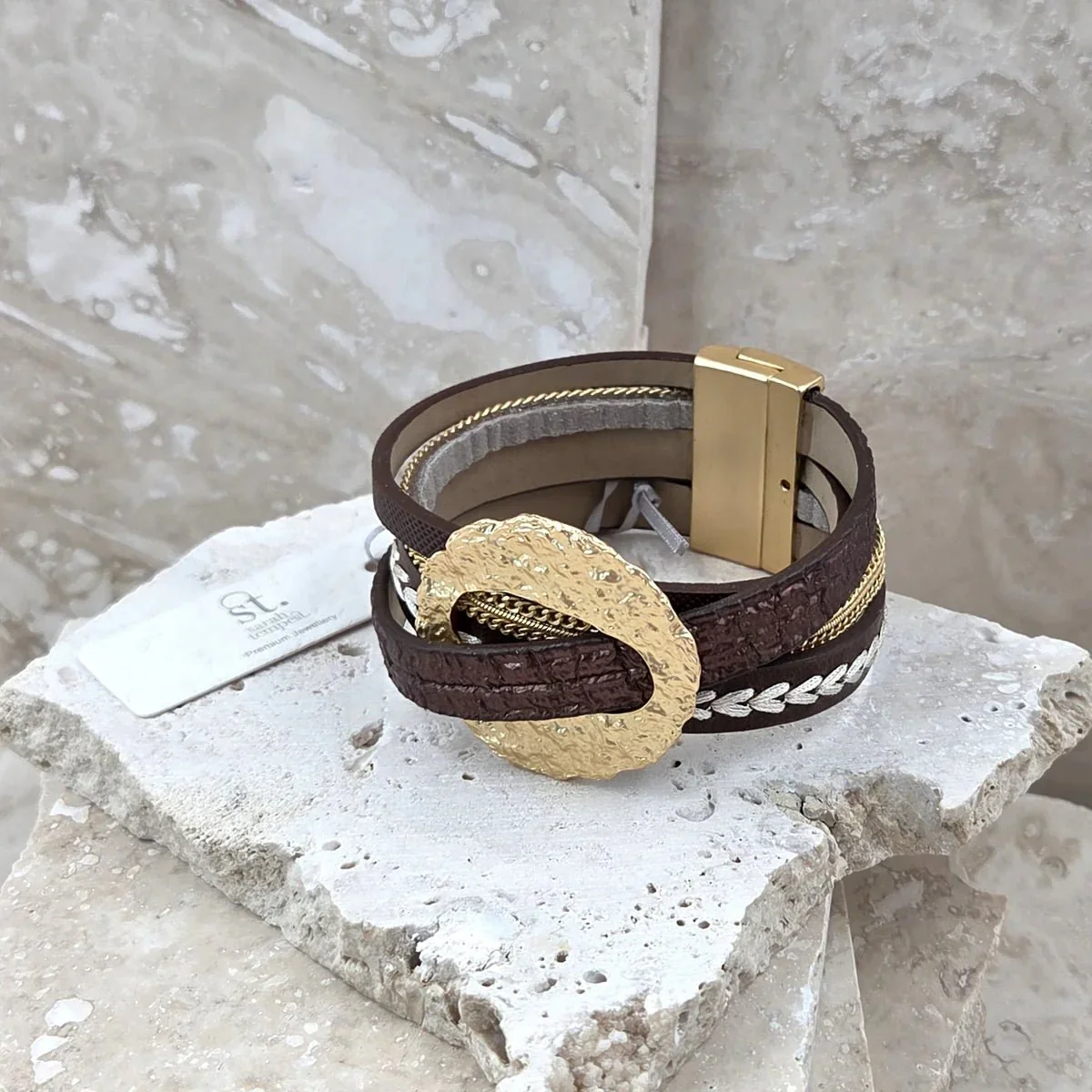 Tempest Designs Textured circle bronze leather bracelet