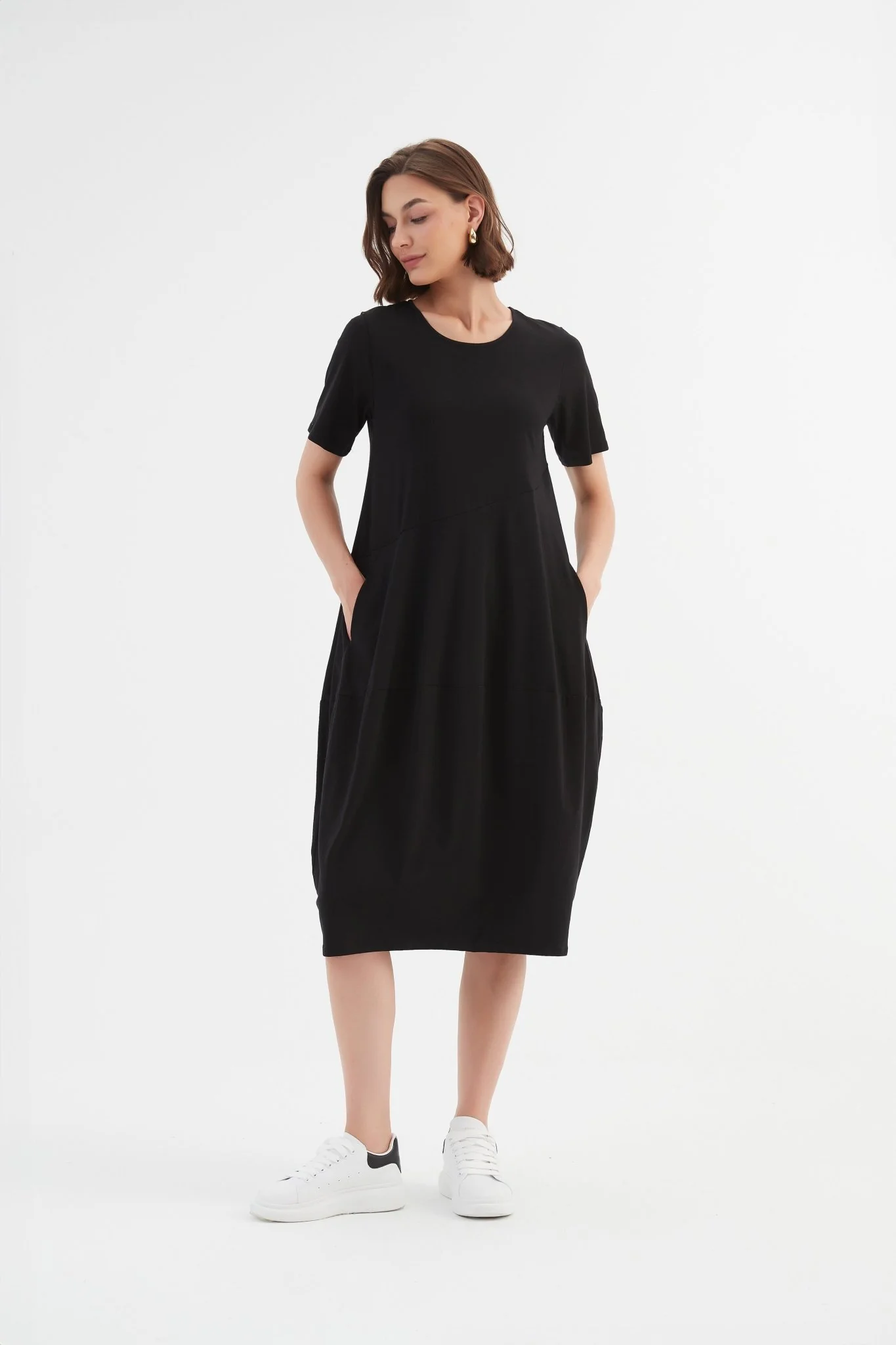 Tirelli Short Sleeve Diagonal Seam Dress Black - Image 7